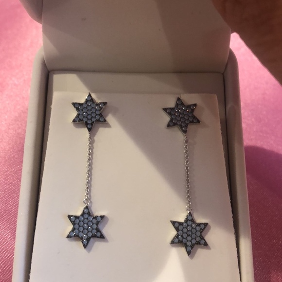 Stunning Blue Opalescent Double Star Sterling Silver Drop Earrings-Boutique - Picture 10 of 11